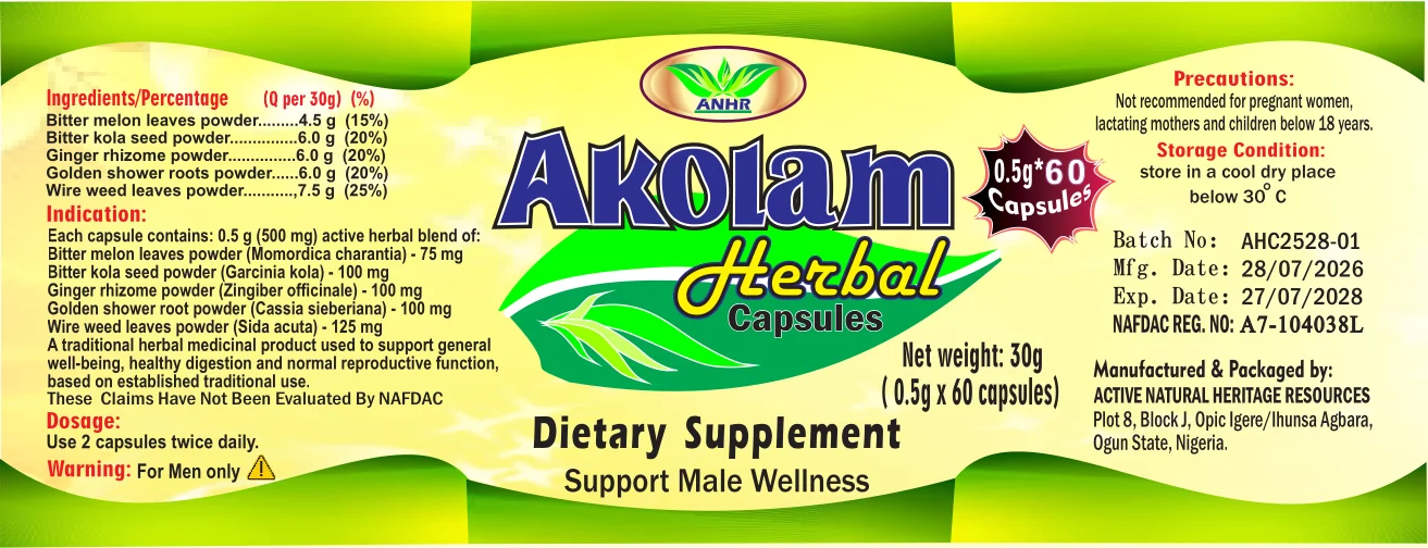 The full Akolam 60-capsule label: ingredients, indication, dosage, precautions, storage and NAFDAC registration.